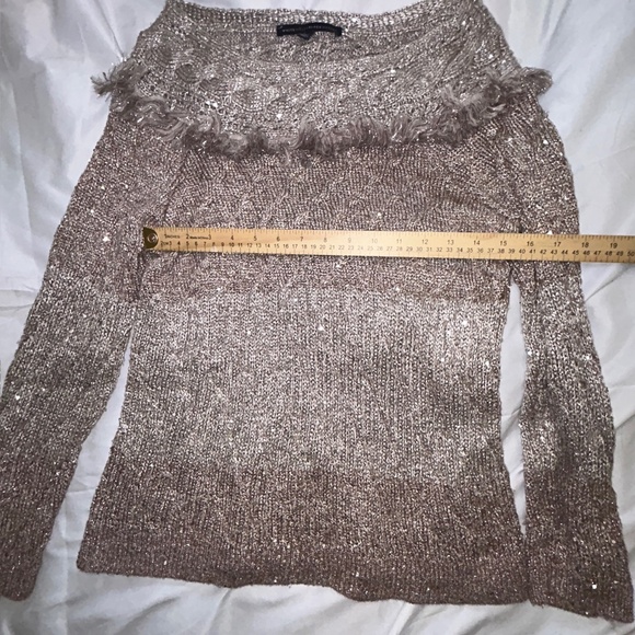 White House Black Market Sequin Sweater Boat-Neck Fringe Mink/Metallic Taupe W L - Picture 9 of 14